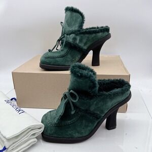 Burberry Highland LOGO Platform Heel Mules Green Suede Shearling-Trim EU 37 US 7